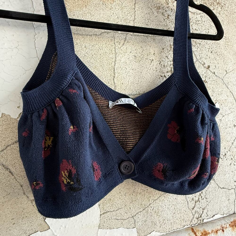 Zara Floral Knit Crop Tank Top Navy Red Knitwear Bralette Style Size M